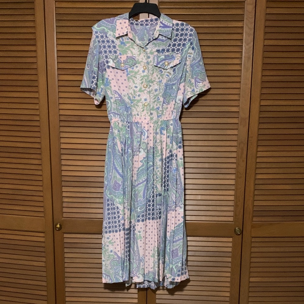 Vintage 90s Pastel Pleated Dress Faux Pearl Buttons No Size Tag Approx L-XL